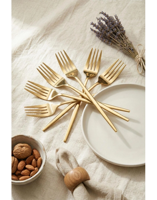 6lı Lüks Gold Paslanmaz Çelik Yemek Çatalı Seti (21 cm)