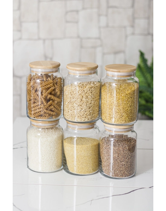 6 Lı Set Bambu Kapaklı Cam Kavanoz & Erzak Saklama Kabı 800 ml Orta  Boy ( Vakum Kapak )