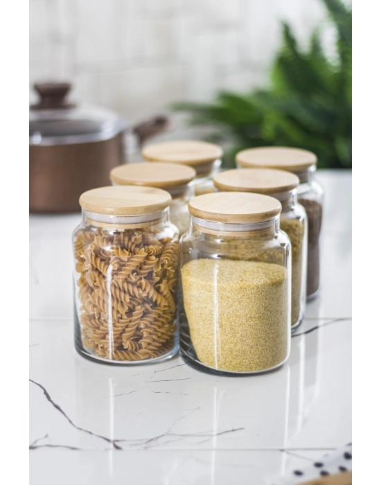 6 Lı Set Bambu Kapaklı Cam Kavanoz & Erzak Saklama Kabı 800 ml Orta  Boy ( Vakum Kapak )