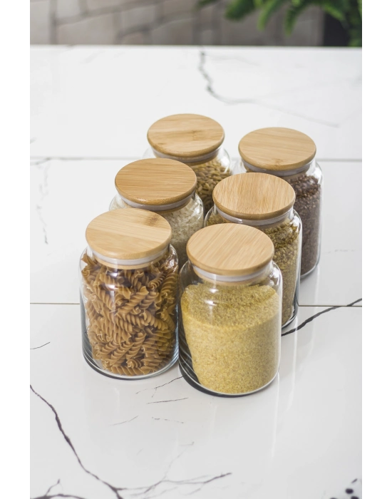 6 Lı Set Bambu Kapaklı Cam Kavanoz & Erzak Saklama Kabı 800 ml Orta  Boy ( Vakum Kapak )