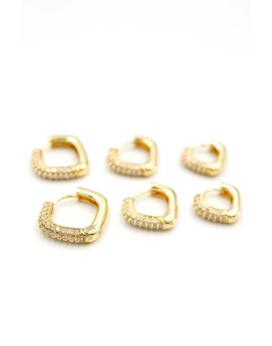 6lı Taşlı Kare Halka Küpe - Altın