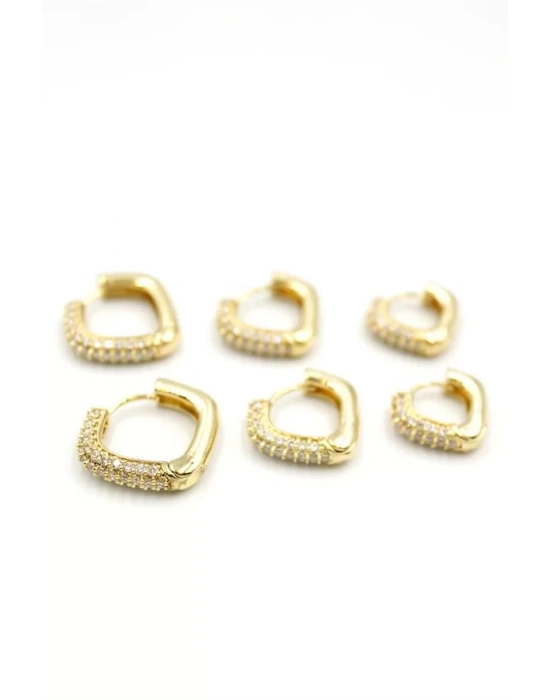 6lı Taşlı Kare Halka Küpe - Altın