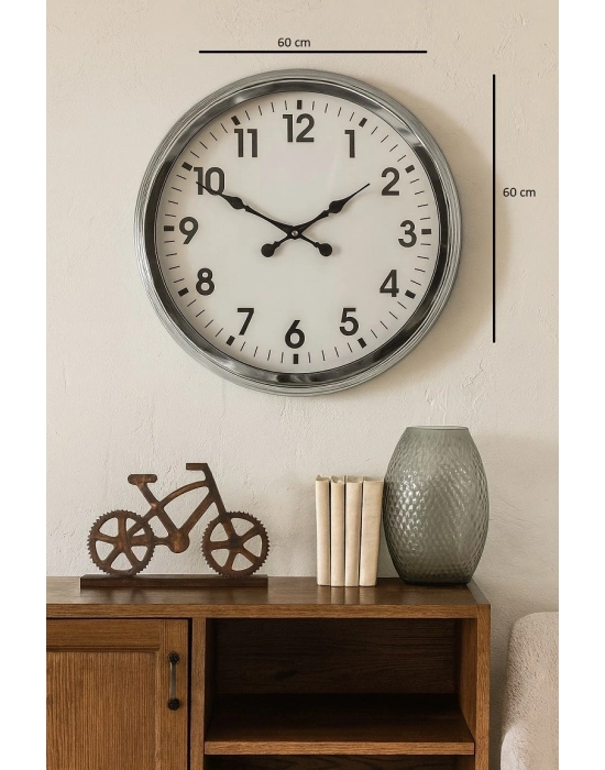 ® 60 cm Krom Metal Duvar Saati