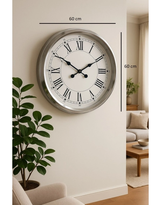 ® 60 cm Krom Metal Roma Rakamlı Duvar Saati