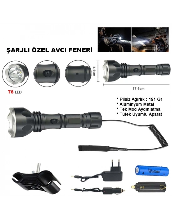 600 Lümen Tx6 Şarjlı Özel Avcı Feneri Wt-253