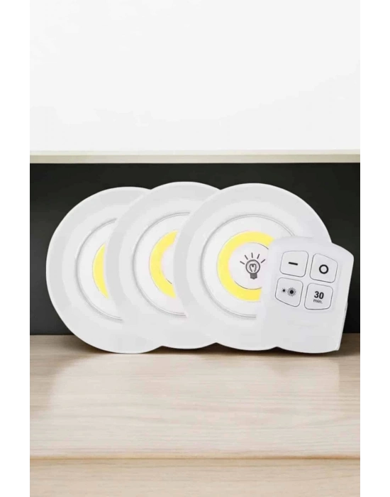Spot Lamba Led Işık 3Lü Uzaktan Kumandalı Pilli Yapışkanlı Kablosuz