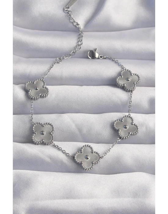 Bfs 316L Çelik Gümüş Renk Motifli Yonca Bileklik