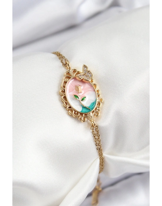 Bfs 316L Çelik Zincir Mineli Sanatsal Portre Zirkon Taşlı Detaylı Çiçek Model Gold Renk Kadın Bilek