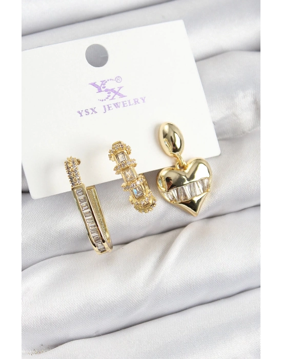 Bfs Pirinç Zirkon Taşlı Kalp Model Gold Renk 3Lü Kadın Küpe