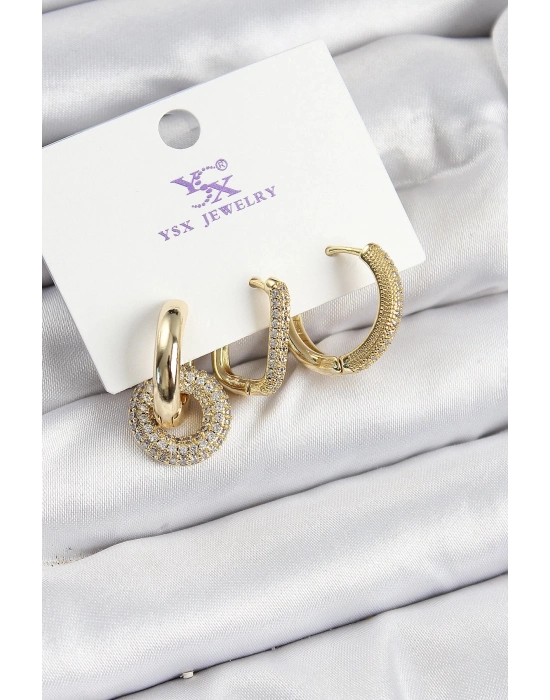 Bfs Pirinç Zirkon Taşlı Halka Model Gold Renk 3Lü Kadın Küpe