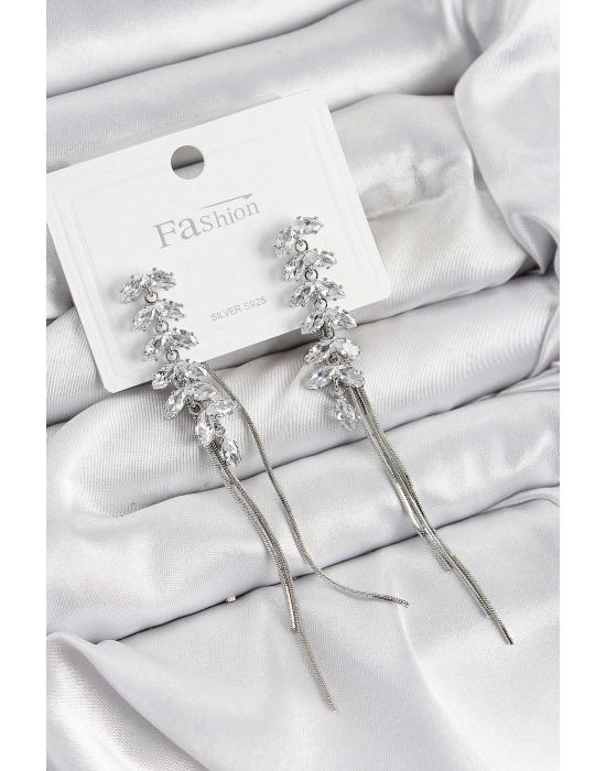 Bfs Pirinç Zirkon Taşlı Sallantılı Model Gümüş Renk 925 Ayar Gümüş Çivi Kadın Küpe