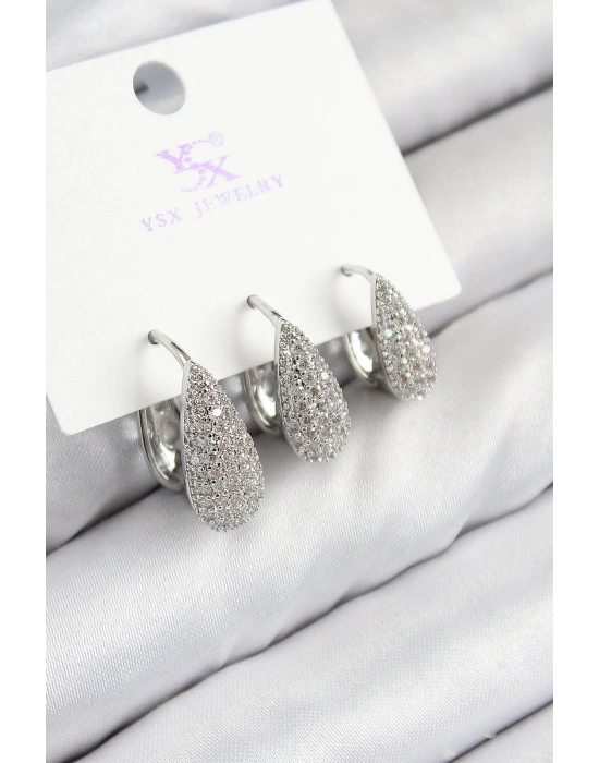 Bfs Pirinç Zirkon Taşlı 3Lü Damla Model Gümüş Renk Kadın Küpe