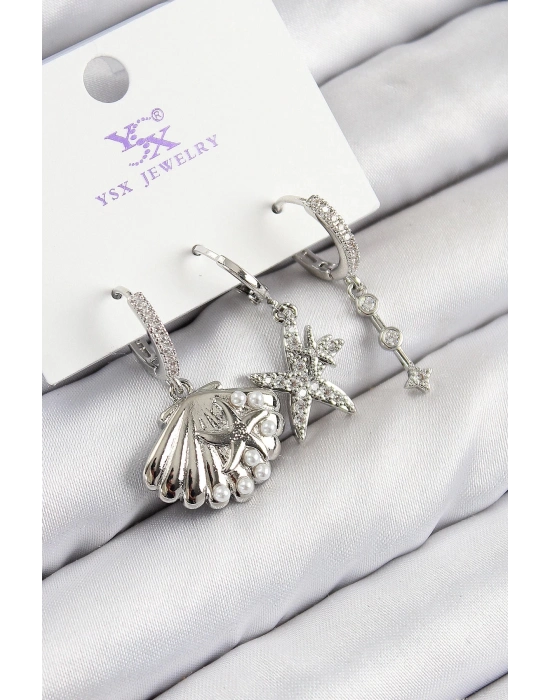 Bfs Pirinç Zirkon Taşlı 3Lü Yıldız Ve İstiridye Model Gümüş Renk Kadın Küpe