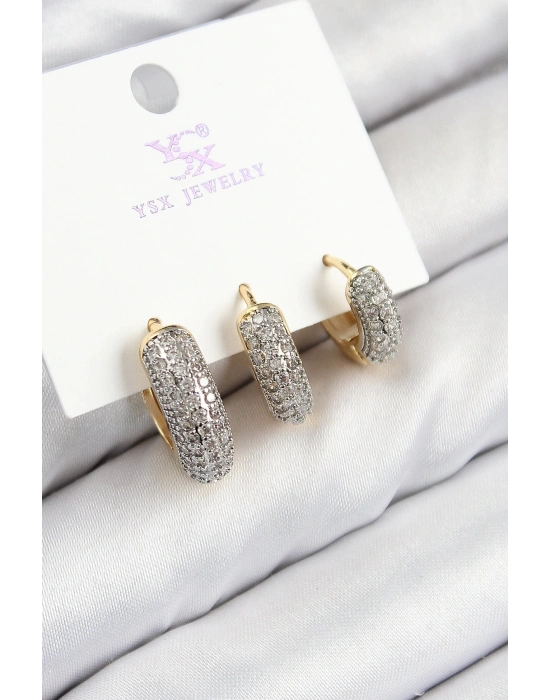 Bfs Pirinç Zirkon Taşlı 3Lü Halka Model Gold Ve Gümüş Renk Kadın Küpe