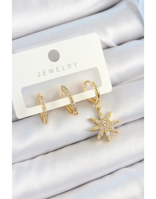 Bfs Pirinç Zirkon Taşlı Kutup Yıldızı Model Gold Renk 3Lü Çift Kadın Küpe Set