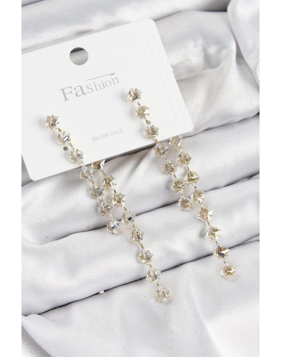 Bfs Pirinç Zirkon Taşlı Sallantılı Model Gold Renk 925 Ayar Gümüş Çivi Kadın Küpe