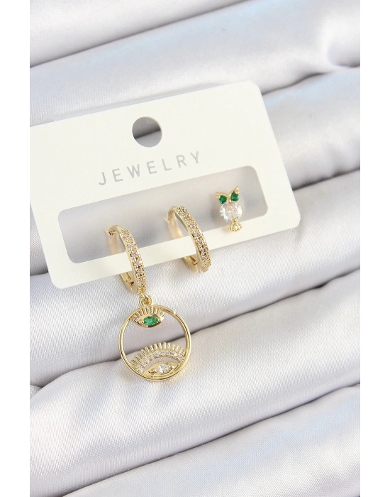 Bfs Pirinç Zirkon Taşlı Göz Ve Baykuş Model Gold Renk 3Lü Çift Kadın Küpe Set