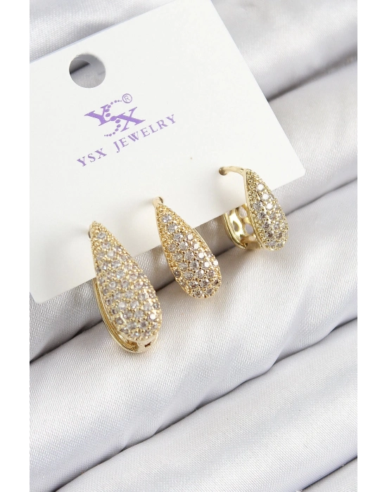 Bfs Pirinç Zirkon Taşlı 3Lü Damla Model Gold Renk Kadın Küpe