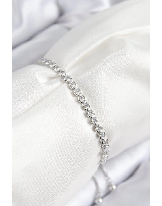 BFS Pirinç Zirkon Taşlı Sıralı Model Gümüş Renk Asansörlü Kadın Bileklik