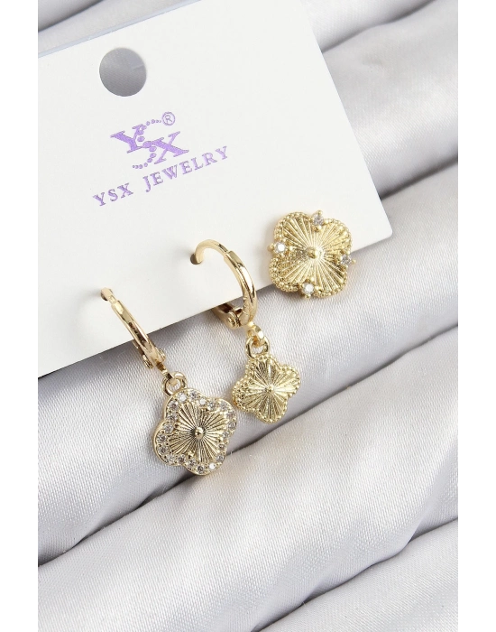 Bfs Pirinç Zirkon Taşlı 3Lü Yonca Model Gold Renk Kadın Küpe