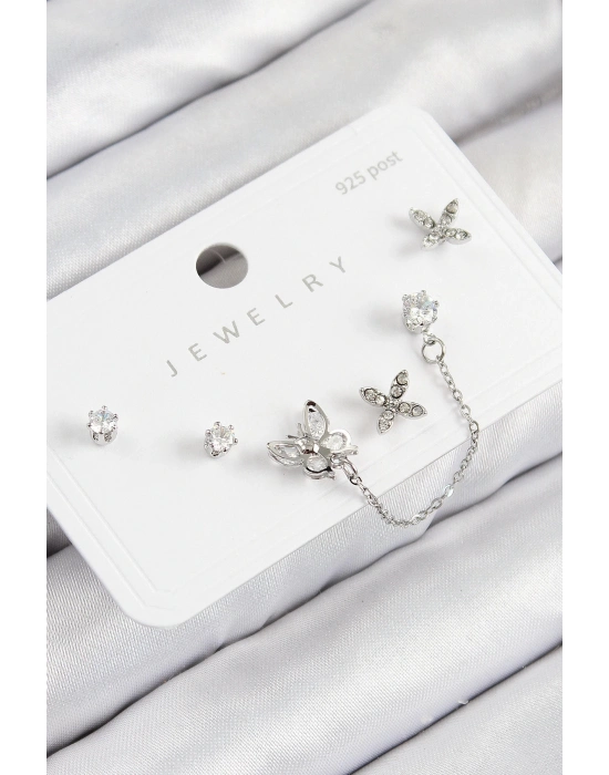 Bfs Pirinç Zirkon Taşlı Kelebek Model Gümüş Renk 925 Ayar Gümüş Çivi Kadın Küpe Set