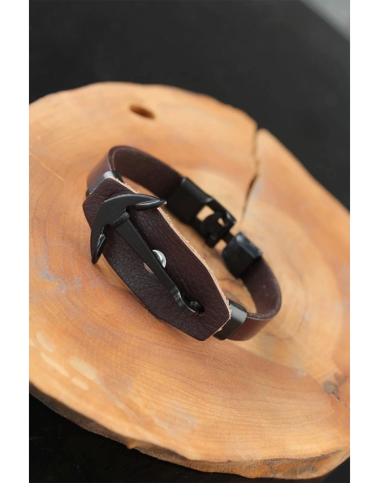 BFS Siyah Deniz Çapalı Çelik Aksesuarlı Kahverengi Deri Erkek Bileklik