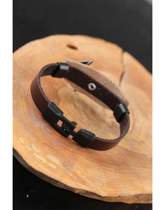 BFS Siyah Deniz Çapalı Çelik Aksesuarlı Kahverengi Deri Erkek Bileklik