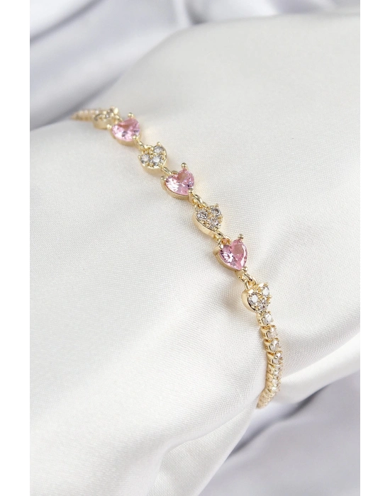 Bfs Pirinç Zirkon Taşlı Pembe Kalp Model Gold Renk Kadın Bileklik