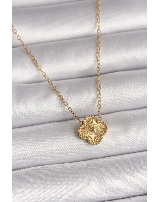 Bfs 316L Çelik Gold Renk İşleme Detaylı Yonca Model Kadın Kolye