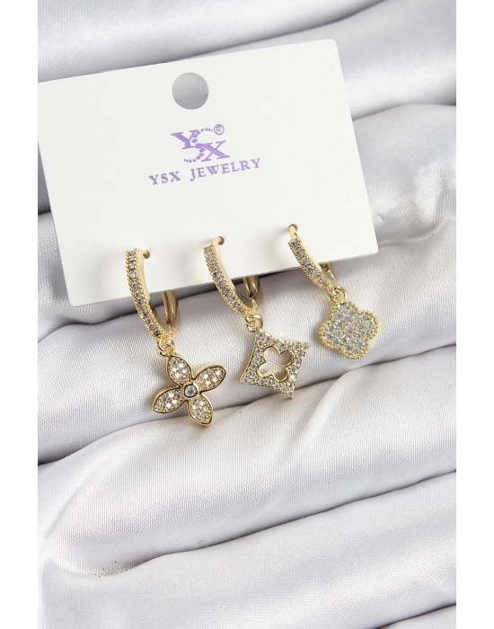 Bfs Pirinç Zirkon Taşlı Yonca Model Gold Renk 3Lü Kadın Küpe