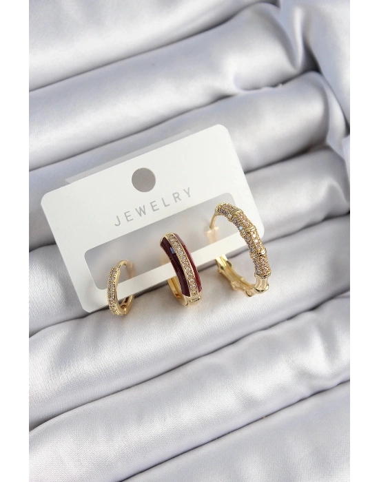 Bfs Pirinç Zirkon Taşlı Bordo Halka Model Gold Renk 3Lü Çift Kadın Küpe Set