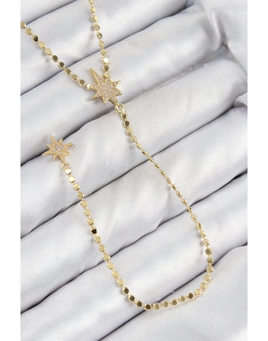 BFS Pirinç Zirkon Taşlı Ezme Zincirli Kutup Yıldızı Model Gold Renk Y Kolye