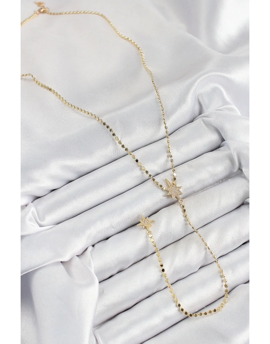 BFS Pirinç Zirkon Taşlı Ezme Zincirli Kutup Yıldızı Model Gold Renk Y Kolye