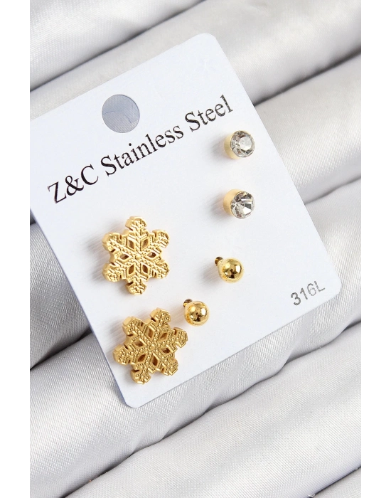 Bfs 316L Çelik Zirkon Taşlı Kar Tanesi Model Gold Renk Kadın Set Küpe