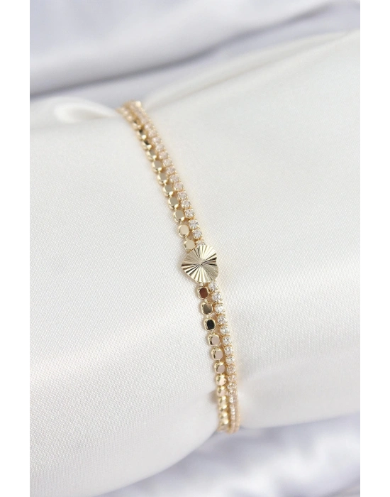 BFS Pirinç Zirkon Taşlı Ezme Zincirli Kalp Model Gold Renk Kadın Bilekilk