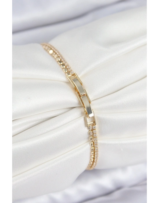 BFS Pirinç Zirkon Taşlı Ezme Zincirli Kalp Model Gold Renk Kadın Bilekilk