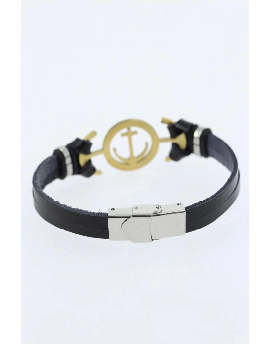 BFS Gold Renk Deniz Çapası Figürlü Metal Aksesuarlı Siyah Renk Deri Erkek Bileklik