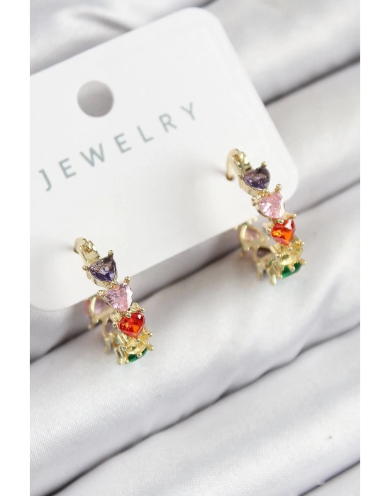 Bfs Pirinç Zirkon Taşlı Kalp Model Gold Renk Kadın Küpe