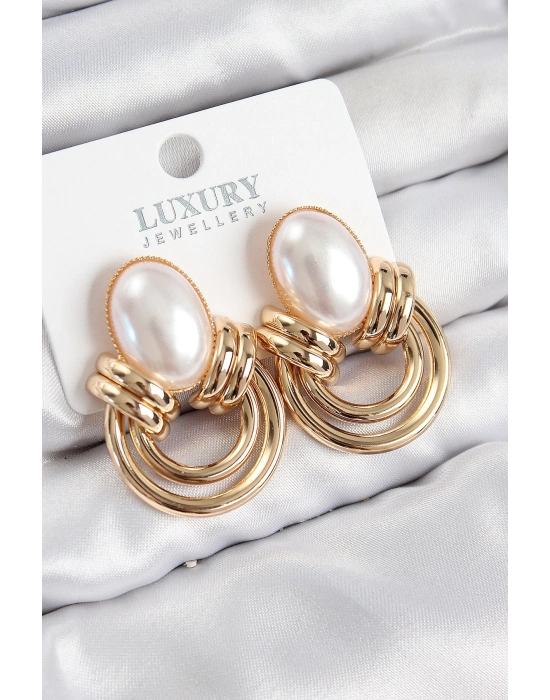 Bfs Pirinç İnci Detaylı Vintage Model Gold Renk Kadın Küpe