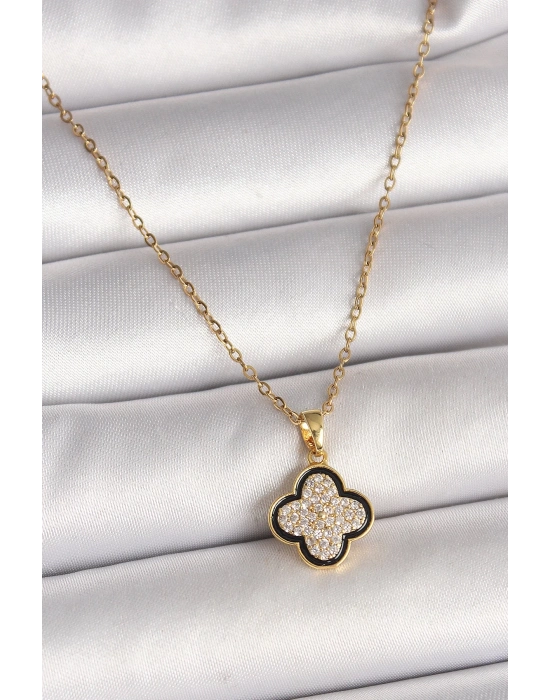 BFS 316L Çelik Gold Renk Zincir Zirkon Taşlı Yonca Model Kadın Kolye