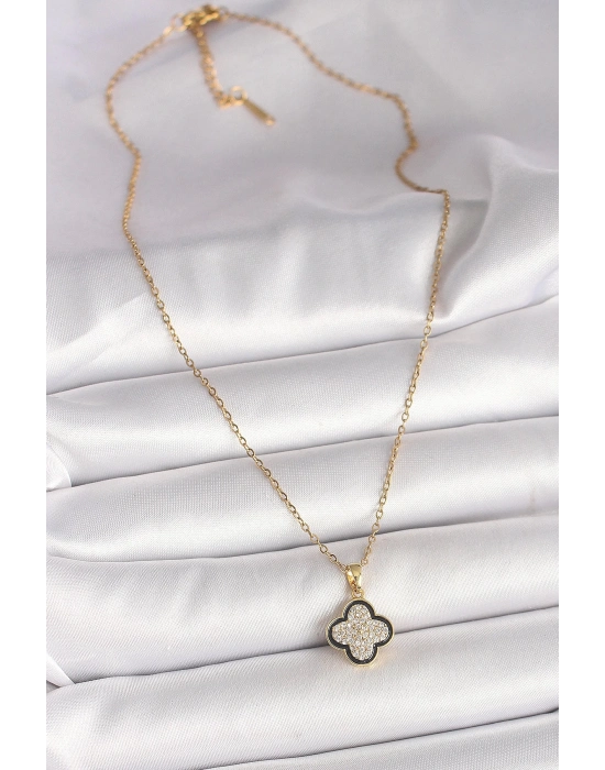 BFS 316L Çelik Gold Renk Zincir Zirkon Taşlı Yonca Model Kadın Kolye