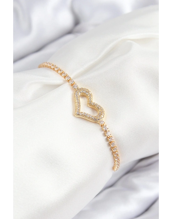 BFS Pirinç Zirkon Taşlı Kalp Model Gümüş Renk Asansörlü Kadın Bileklik