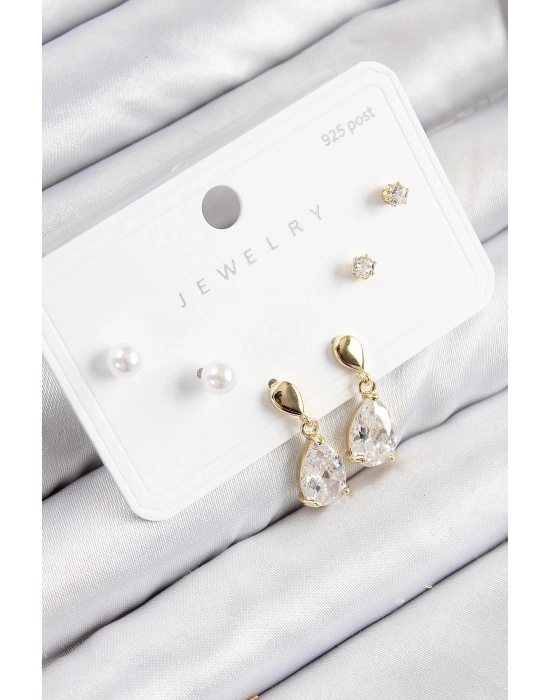 Bfs Pirinç Zirkon Taşlı Sallantılı Damla Model Gold Renk 925 Ayar Gümüş Çivi Kadın Küpe Set