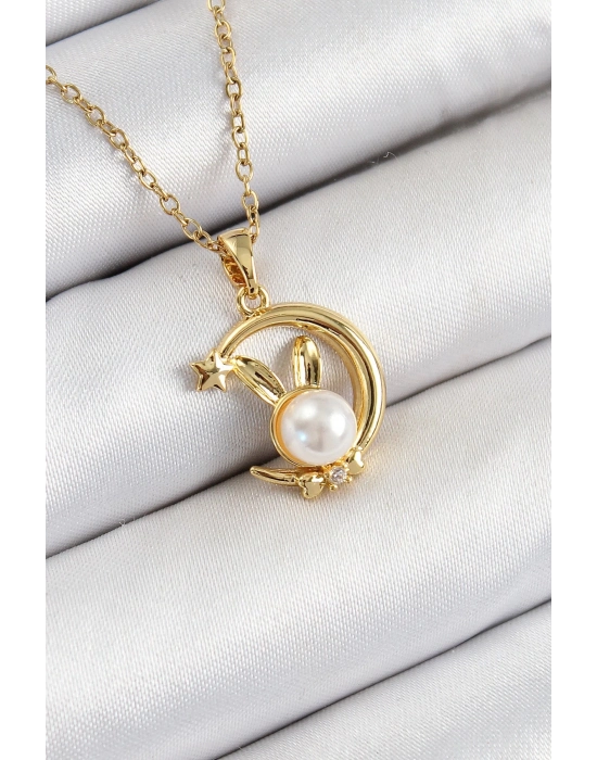 Bfs 316L Çelik İnci Detaylı Hilal Tavşan Model Gold Renk Kadın Kolye