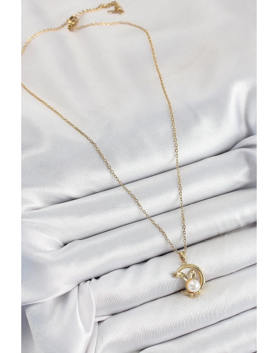 Bfs 316L Çelik İnci Detaylı Hilal Tavşan Model Gold Renk Kadın Kolye