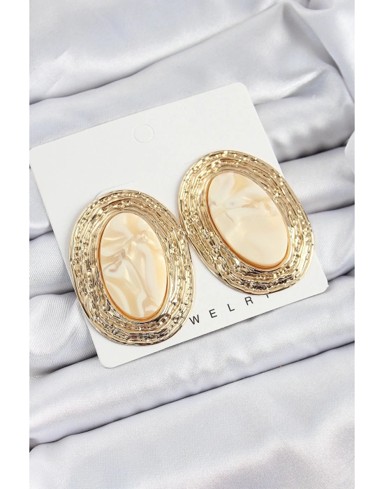 Bfs Pirinç Mermer Desenlli Bej Oval Vintage Model Gold Renk Kadın Küpe