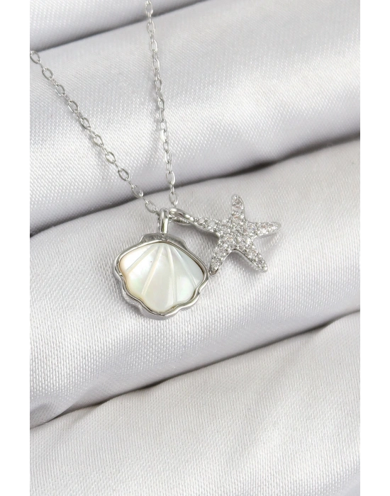 Bfs Pirinç Zirkon Taşlı İstiridye Ve Deniz Yıldızı Model Gümüş Renk Kadın Kolye