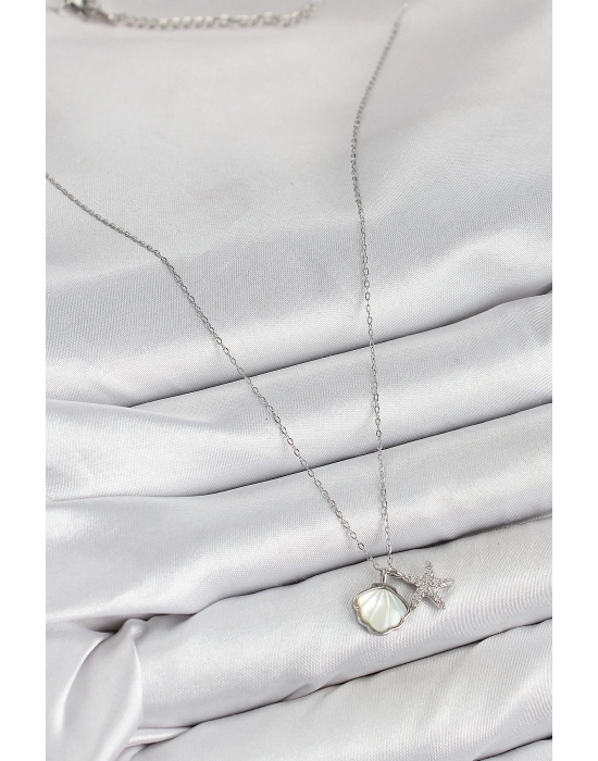 Bfs Pirinç Zirkon Taşlı İstiridye Ve Deniz Yıldızı Model Gümüş Renk Kadın Kolye