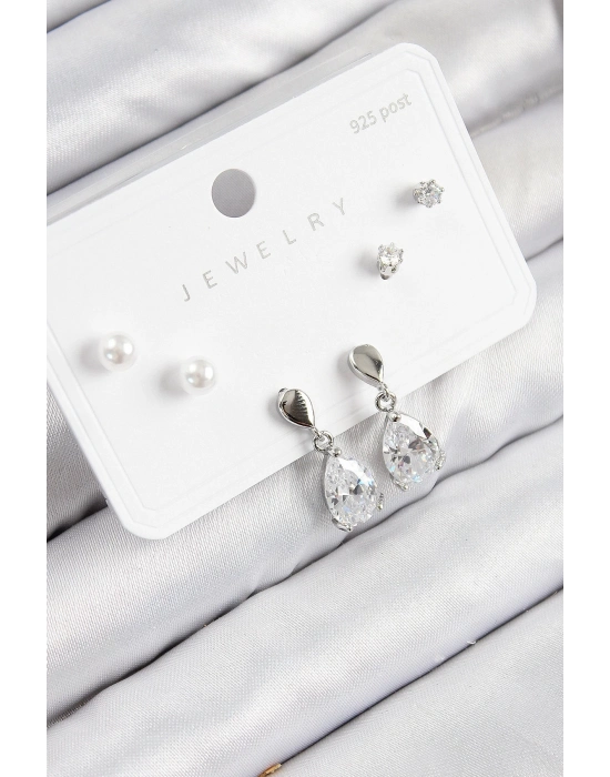 Bfs Pirinç Zirkon Taşlı Sallantılı Damla Model Gümüş Renk 925 Ayar Gümüş Çivi Kadın Küpe Set