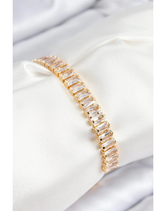 BFS Pirinç Zirkon Taşlı Su Yolu Model Gold Renk Asansörlü Kadın Bileklik